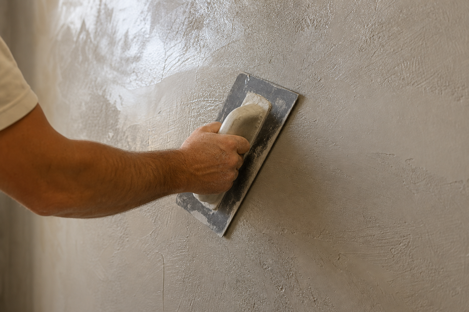 Artigiana leviga l'intonaco fresco con il frattazzo